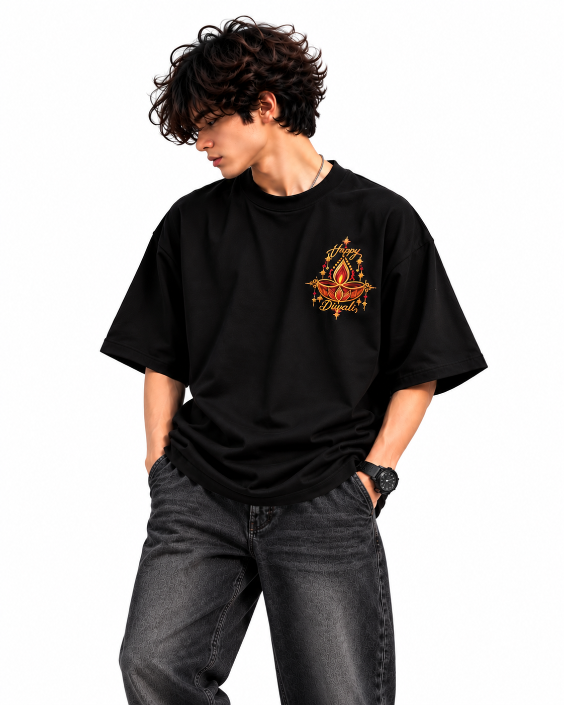 ALFENA Happy Diwali Oversized Embroidered T-Shirt - Image 1